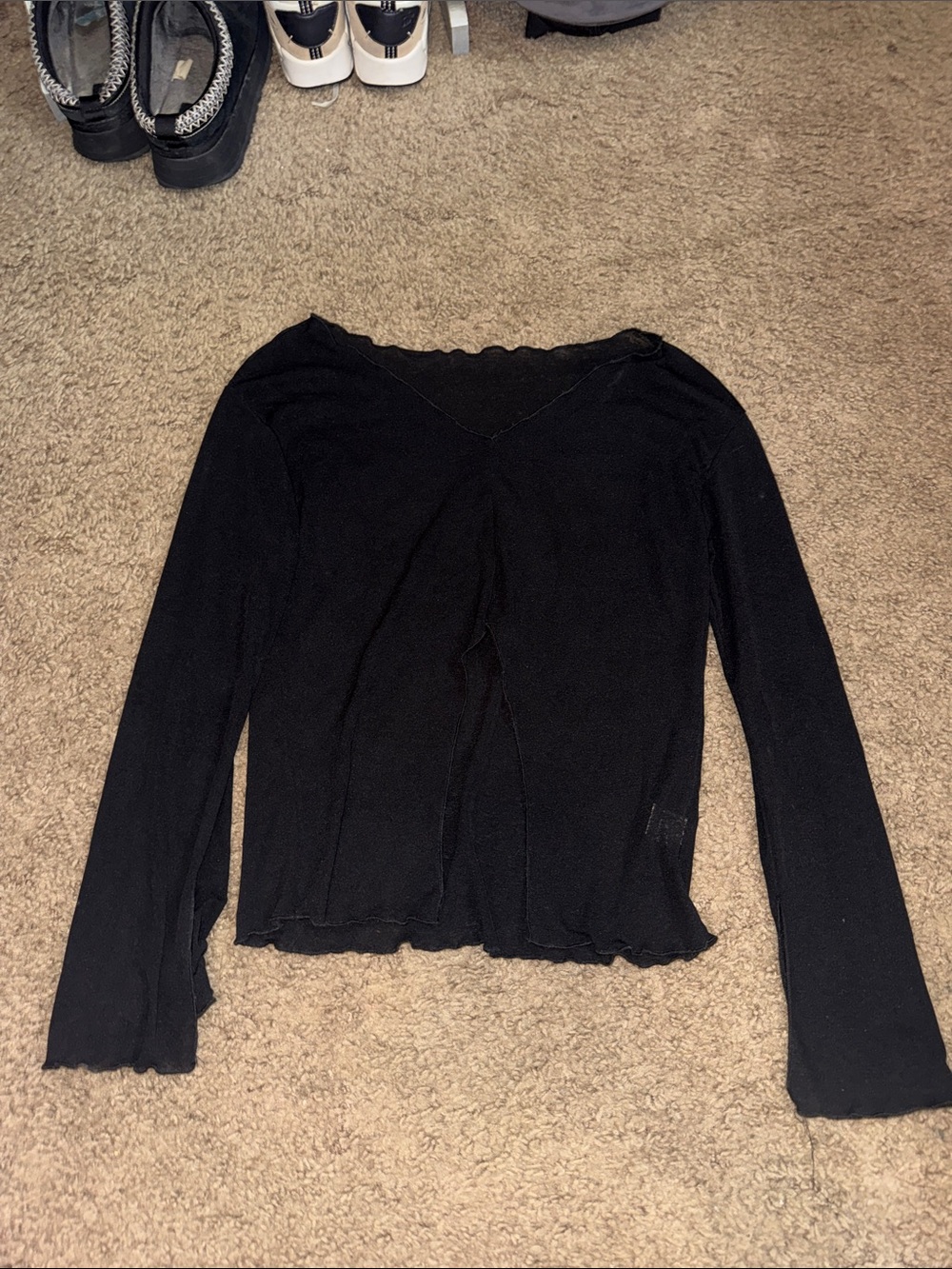 SHEIN Black Long Sleeve V-Neck Lettuce-Edge Top